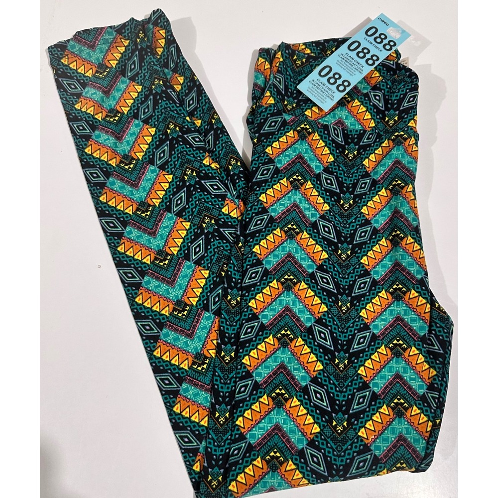 LuLaRoe‎ Leggings One Size OS Geometric Tribal Aztec Print Teal Orange Black